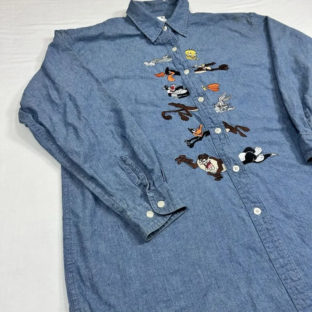 Warner Bros. Studio Store Looney Tunes Cotton Chambray Blue Shirt Embroidered - Picture 3 of 16